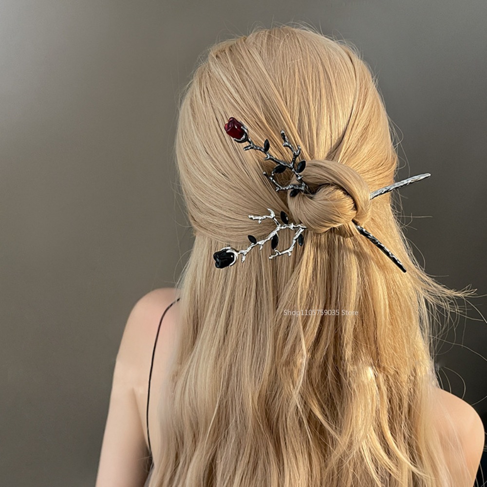 Supply Florist - กิ๊บติดผมโลหะลายดอกกุหลาบสีแดงสไตล์วินเทจสำหรับผู้หญิง ไม้จิ้มผมสไตล์จีนสุดหรู อุปกรณ์ตกแต่งผมสไตล์กอธิคสำหรับสาวๆ